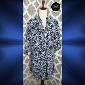 Talbots Women's Blue Black and White Medallion Pull Over Beach Cover Up Size M